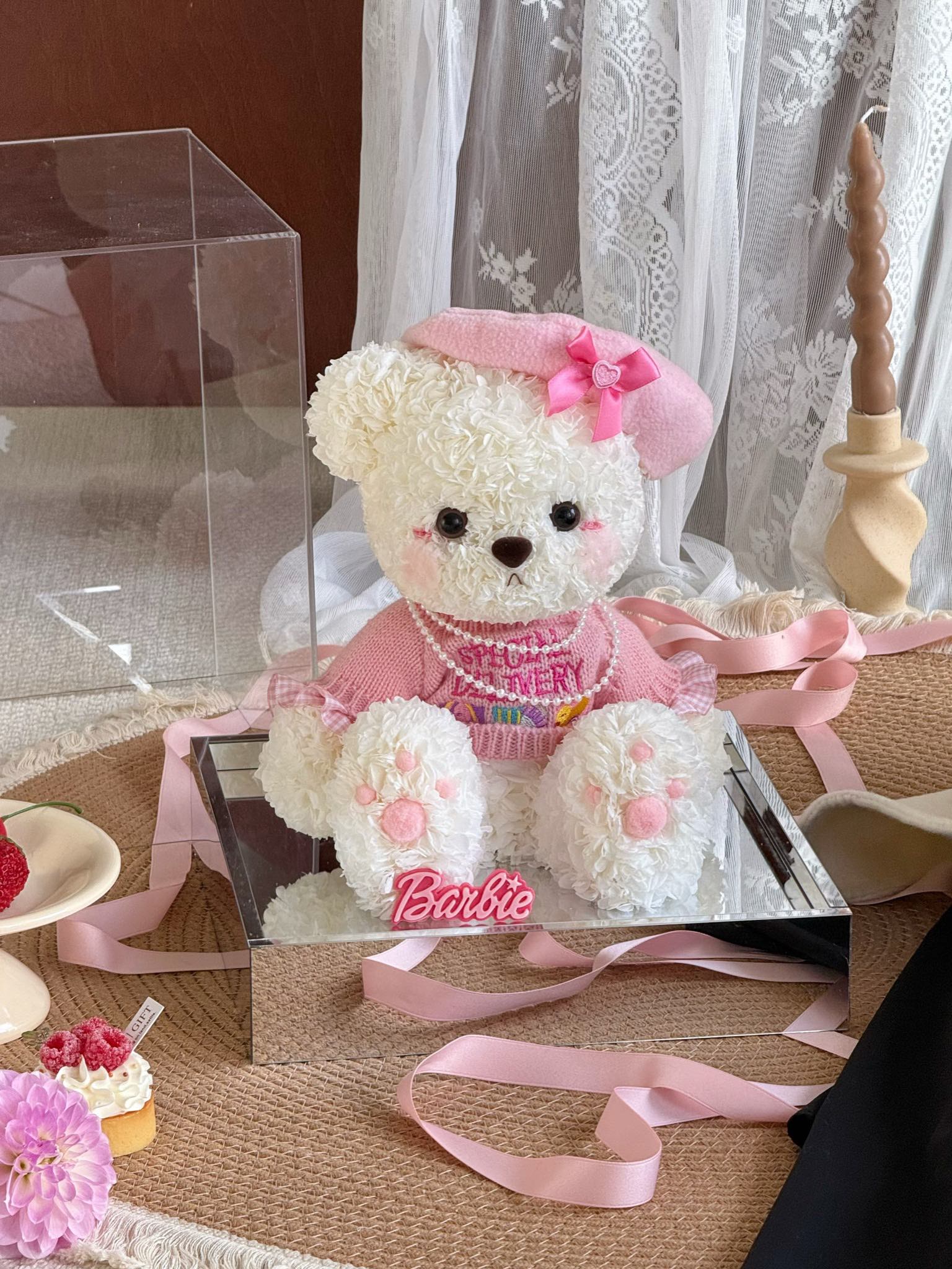 Pink beret bear preserved flower from China manufacturer - Yika Preserved Flower Store best preserved roses