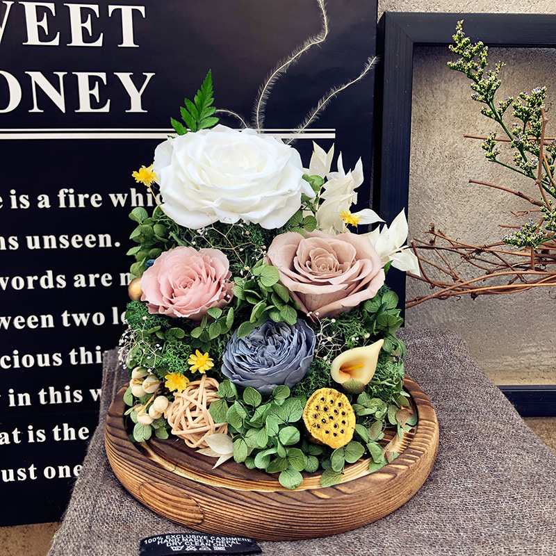 Pastoral Style Glass Cover Preserved Flower Pastoral Style Glass Cover Preserved Flower