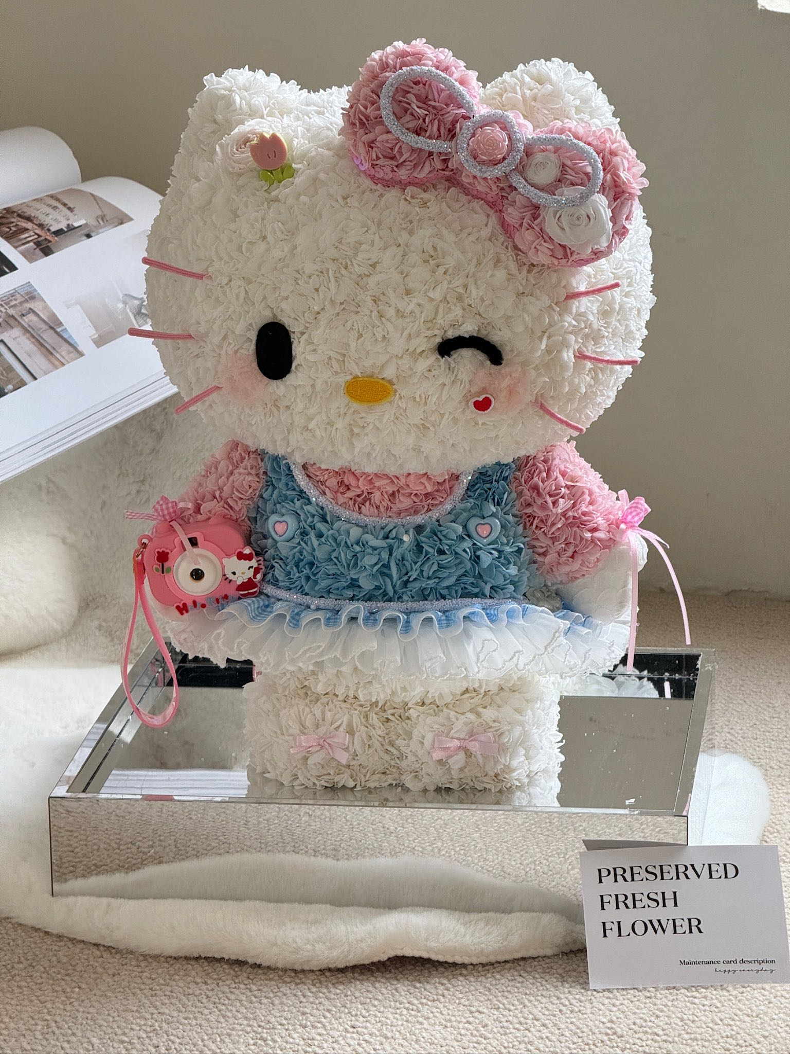 Holding A Camera And Standing with Hello Kitty Everlasting Flowers Anniversary gift