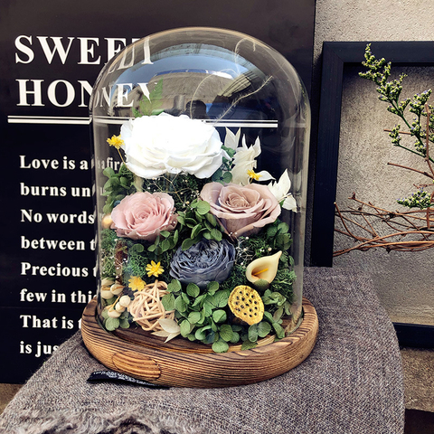 Pastoral Style Glass Cover Preserved Flower Gift