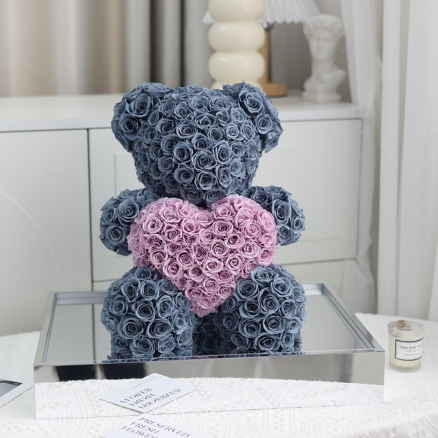 Love Heart Colorful Bear Preserved Flower