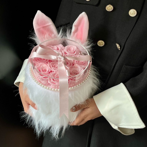 Plush Ear Rose Hug Bucket Preserved Flower