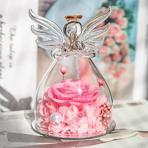 Angel's Wings Glass Cover DIY Eternal Rose Valentine's Day Christmas Decoration Birthday Gift Home Decor