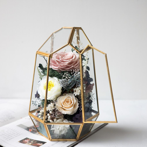 Geometric Hexagonal Cut Metal Glass Rose Preserved Flower Flower Box