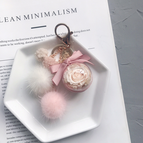 Cute Eternal Flower Car Keychain Bag Pendant Accessories Fur Sable Ball