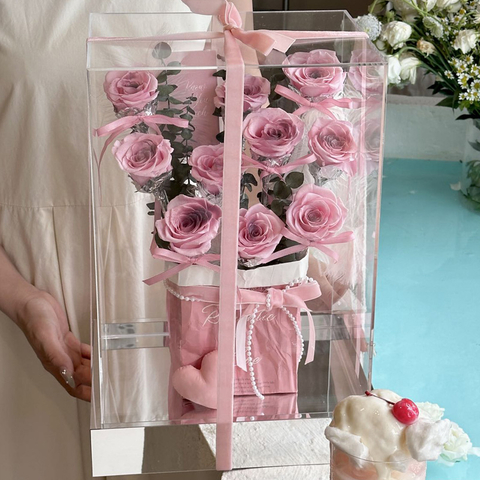 Rose Covenant Square Transparent Acrylic Mirror Eternal Flower Hugging Bucket Gift Box Home Decor
