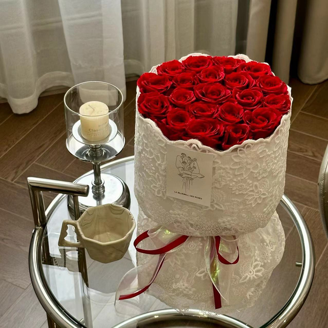 White Lace Wrapped Red Rose Preserved Flower