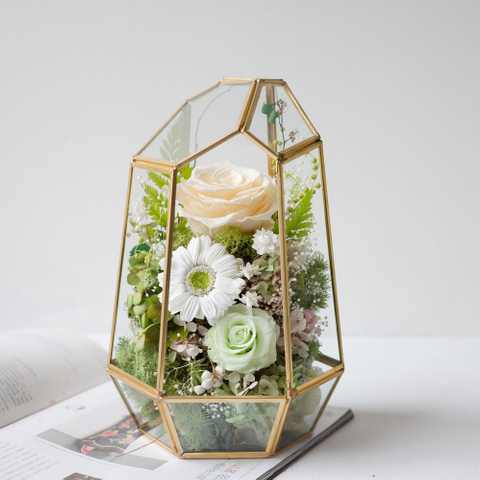 Geometric Hexagonal Cut Metal Glass Rose Preserved Flower Flower Box