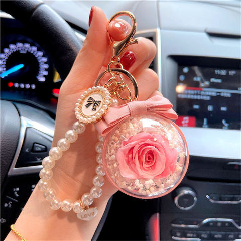 Pearl Chain Rose Eternal Flower Keychain Holiday Gift DIY Accessories Valentine's Day Gift Women's Flower Ball