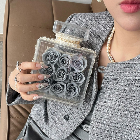 Square Bottle Box Grey Rose Preserved Flower