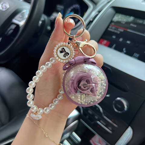 Pearl Chain Rose Eternal Flower Keychain Holiday Gift DIY Accessories Valentine's Day Gift Women's Flower Ball
