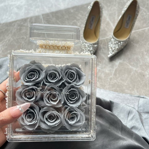 Square Bottle Box Grey Rose Preserved Flower
