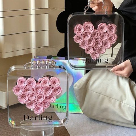 Preserved Flower Square Box With Handle Chain