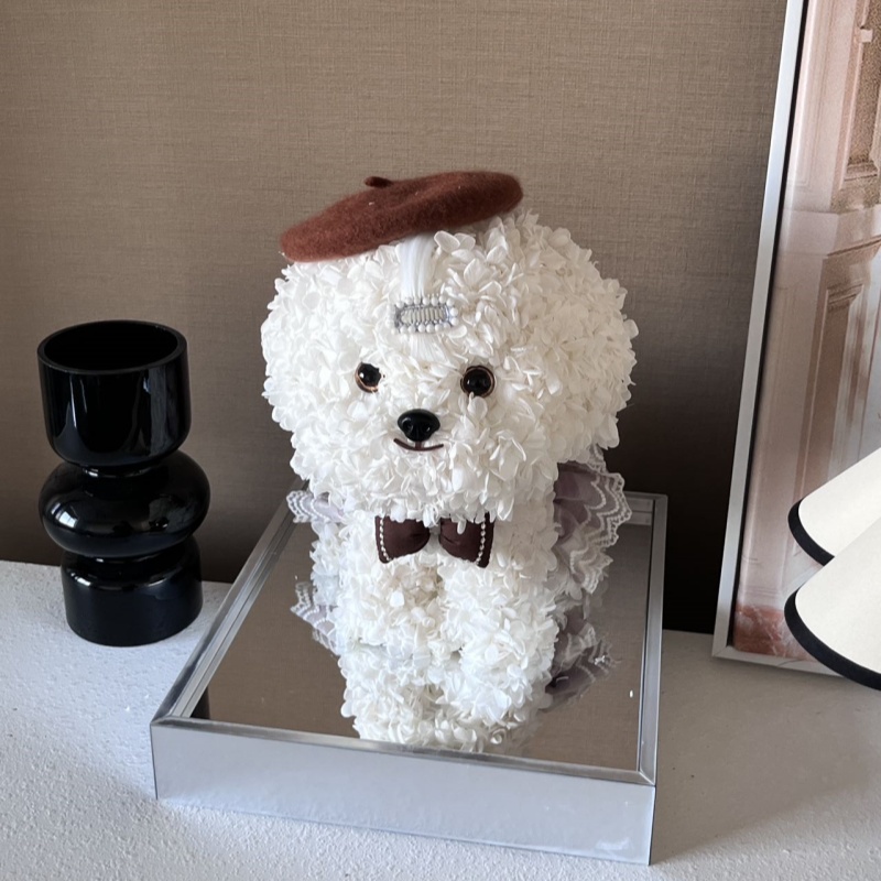 White Puppy With Hat Preserved Flower