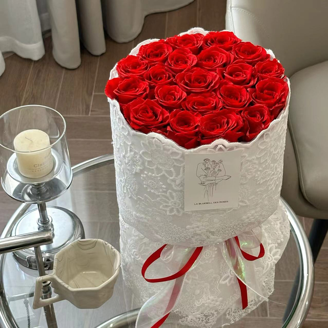 White Lace Wrapped Red Rose Preserved Flower